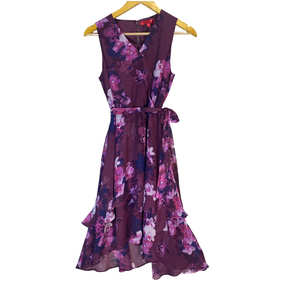 Jennifer Lopez Purple Floral Faux Wrap Tiered Ruffle Midi Dress Womens S Cottage